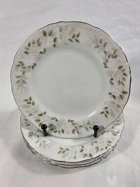 FOUR Sheffield 501 Classic Bread Plates White with Pink Roses on the Rim